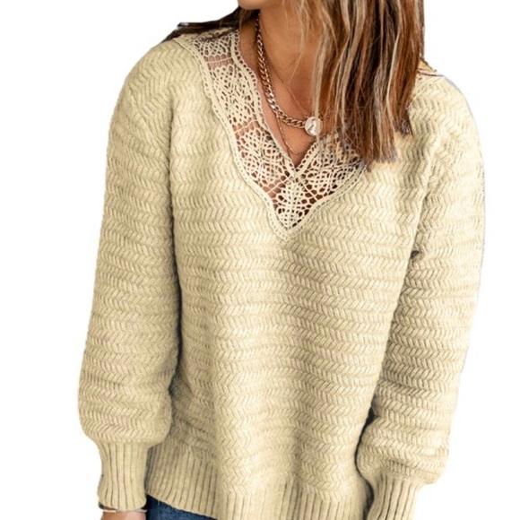 Dokotoo Beige Lace V Neck Ribbed Pullover Sweater - Picture 1 of 9
